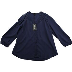 Fate Navy Blue 3/4 Sleeve Blouse Crochet Lace Trim V-Neck Boho Peasant Top L